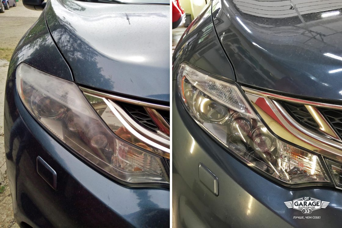 На фото фара автомобиля Nissan Murano после полировки