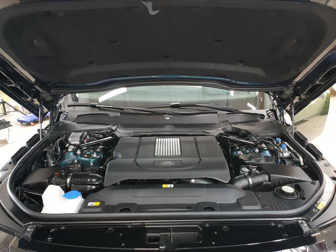Смотреть на фото мотор Range Rover IV после мойки с консервацией.