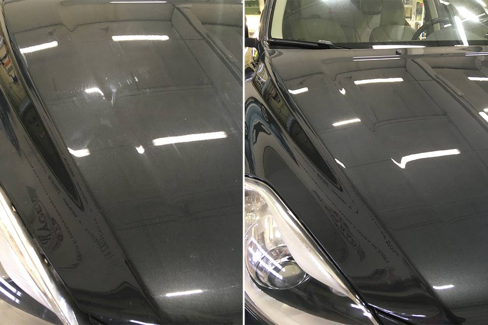 Смотреть фото капота Volvo XC60 до и после керамической полировки.