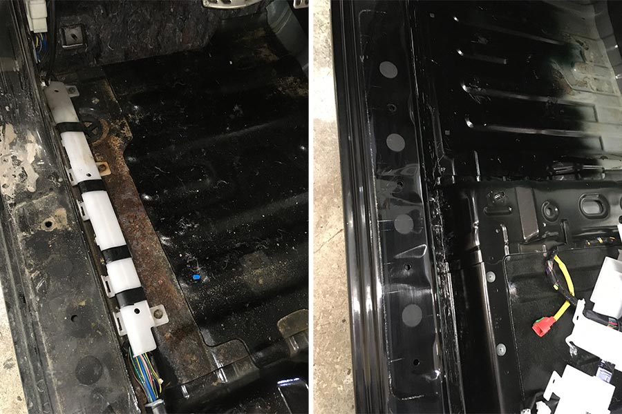 Смотреть на фото ржавый пол у Mitsubishi Pajero до и после реставрации.