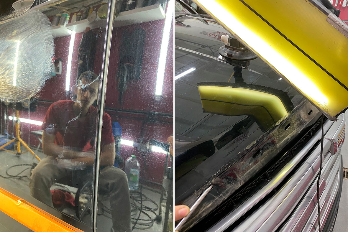 На фото автомобиль Cadillac Escalade ESV до полировки. На втором фото показан процесс удаления вмятины.