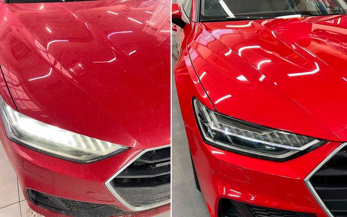 На фото автомобиль Audi A7 до и после полировки.