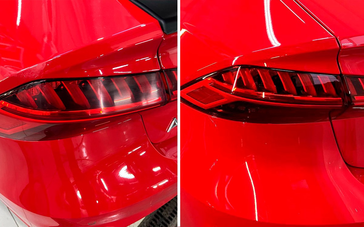На фото задний фонарь Audi A7 до и после полировки.