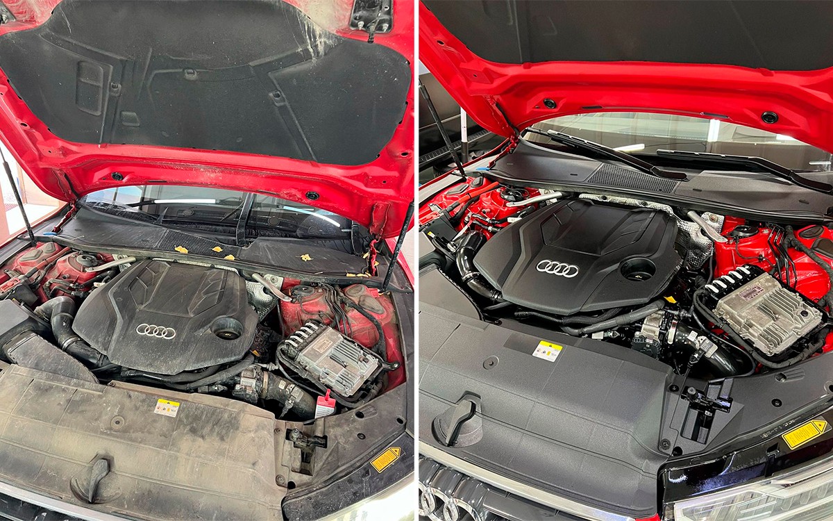 На фото подкапотное пространство автомобиля Audi A7 до и после мойки.