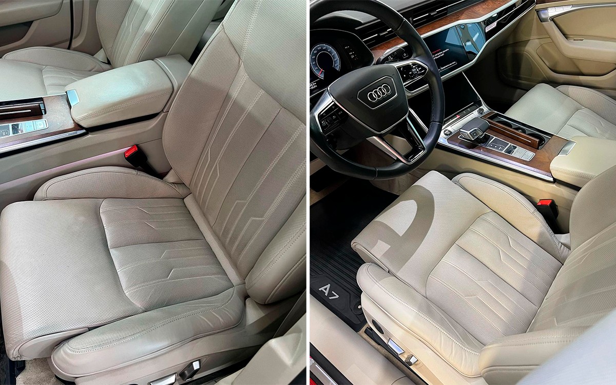 На фото салон Audi A7 до и после химчистки.